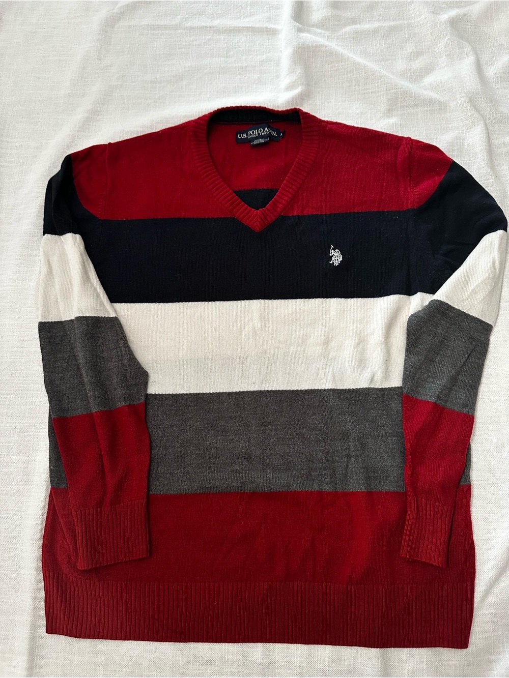 U.S. Polo Assn. Men’s V-Neck Striped Sweater — Red, Black, White, Gray